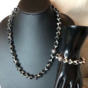 SIMON SEBBAG Black White Tortoise Agate Sterling Silver Necklace & Bracelet Set